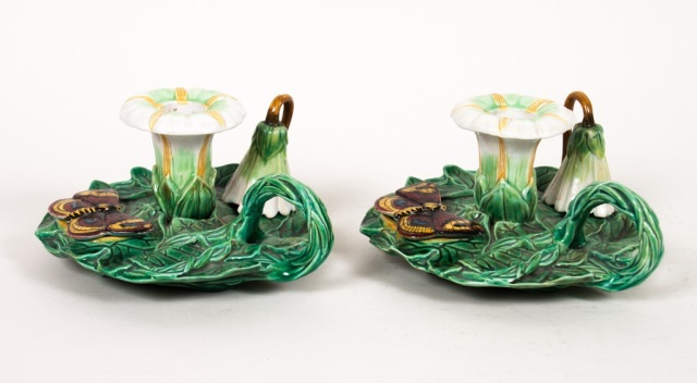 Appraisal: Pair of George Jones majolica chambersticks fourth quarter- th century