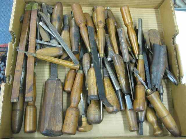 Appraisal: Box of Antique Tools mostly wooden handles from cabinet maker