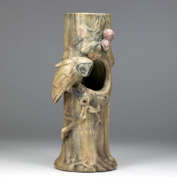 Appraisal: WELLER Woodcraft rare vase with owl in apple tree chip