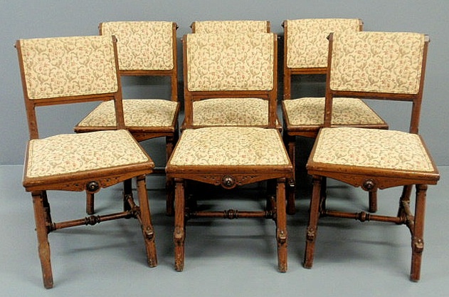 Appraisal: Set of six walnut side chairs th c in the