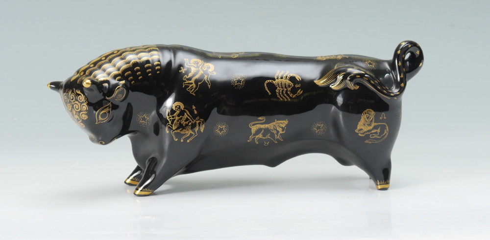 Appraisal: WEDGWOOD BLACK ZODIAC BULL Black glaze with gilt signs of