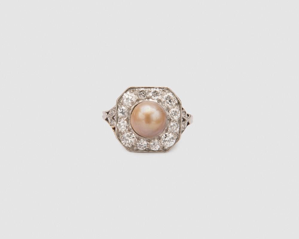 Appraisal: Platinum Pearl and Diamond Ring Platinum Pearl and Diamond Ring