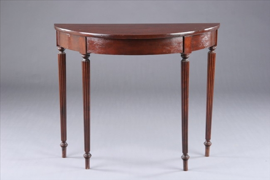 Appraisal: GEORGE III STYLE MAHOGANY DEMILUNE CONSOLE TABLE th century Half-moon