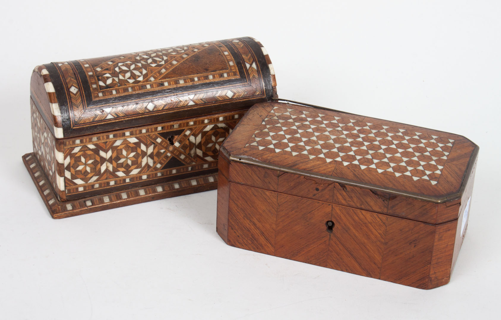 Appraisal: Two Moroccan inlaid wood boxes late th century ivory inlaid