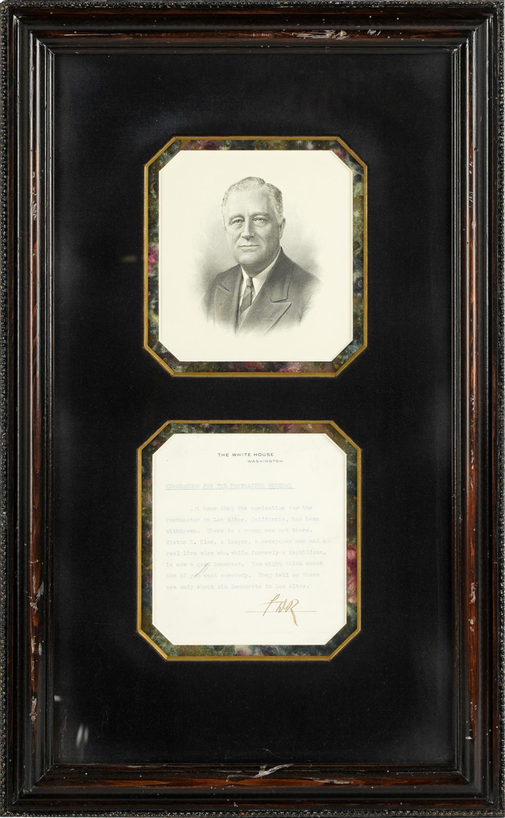 Appraisal: PRESIDENT FRANKLIN D ROOSEVELT SIGNED LETTERMemorandum for the Postmaster General