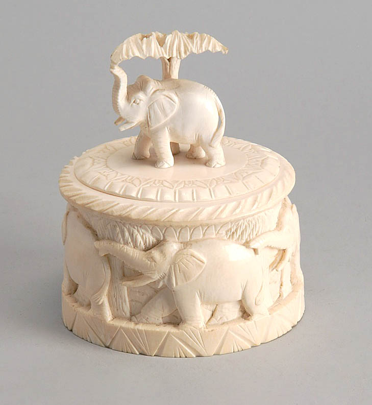 Appraisal: AFRICAN IVORY BOX Mid- th CenturyWith elephant-form finial on cover