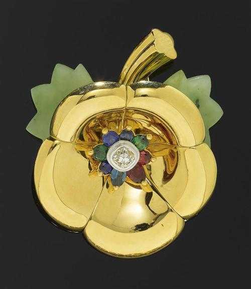 Appraisal: GOLD DIAMOND AND GEMSTONE BROOCH P CLARD Yellow and white