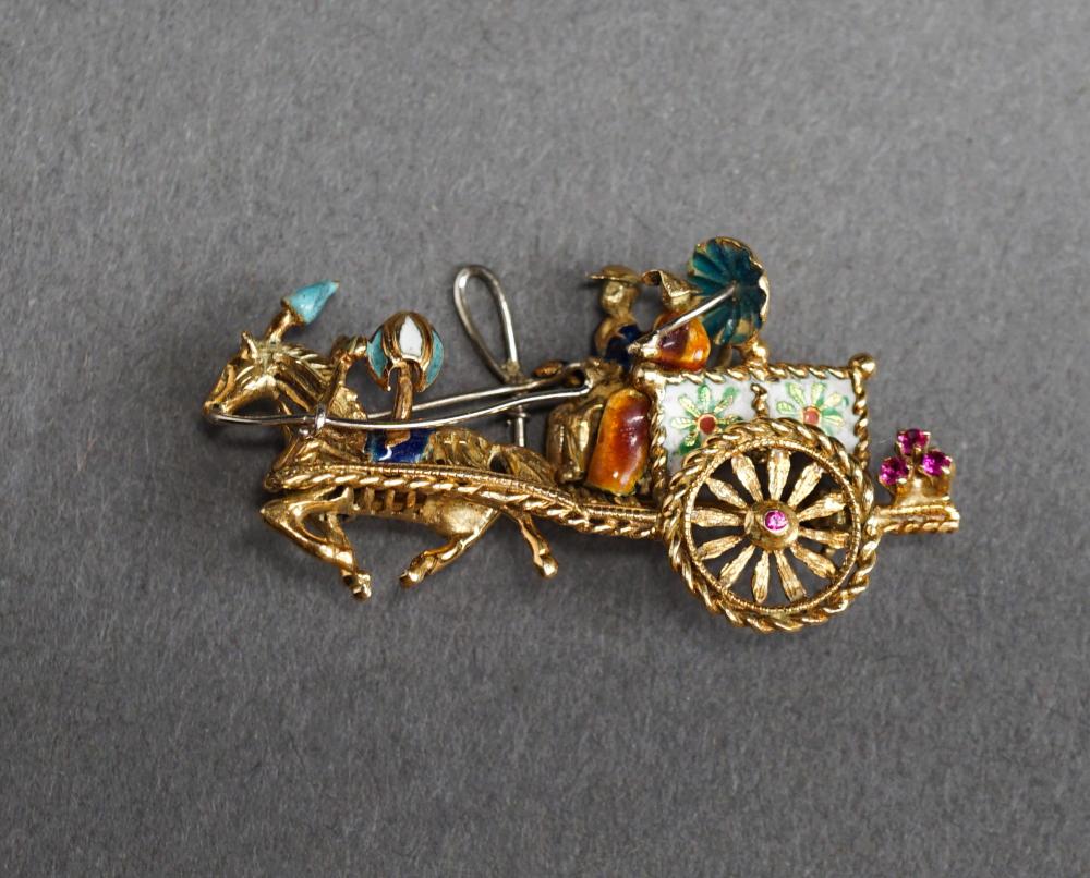 Appraisal: -Karat Yellow-Gold Ruby and Enamel 'Carriage' Brooch gross dwt W