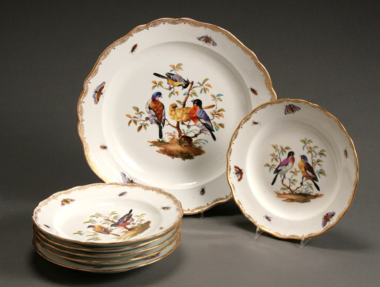 Appraisal: Meissen Ornithological Serving Dish and Six Plates Outside Decorated Late