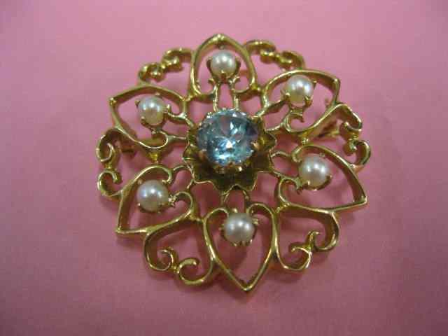 Appraisal: Natural Blue Zircon Pearl Brooch Edwardian k yellow gold carat