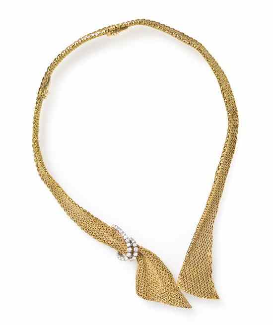 Appraisal: An Karat Yellow Gold Platinum and Diamond Mesh Ribbon Necklace