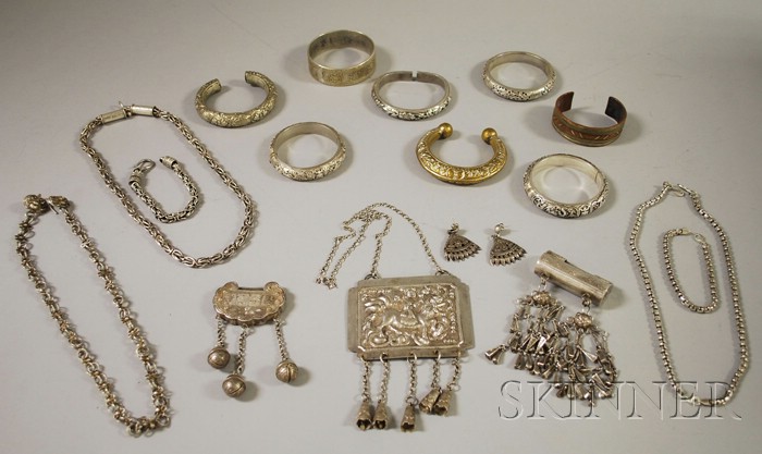 Appraisal: Group of Ethnic Silver Jewelry including bangle bracelets and chain-link