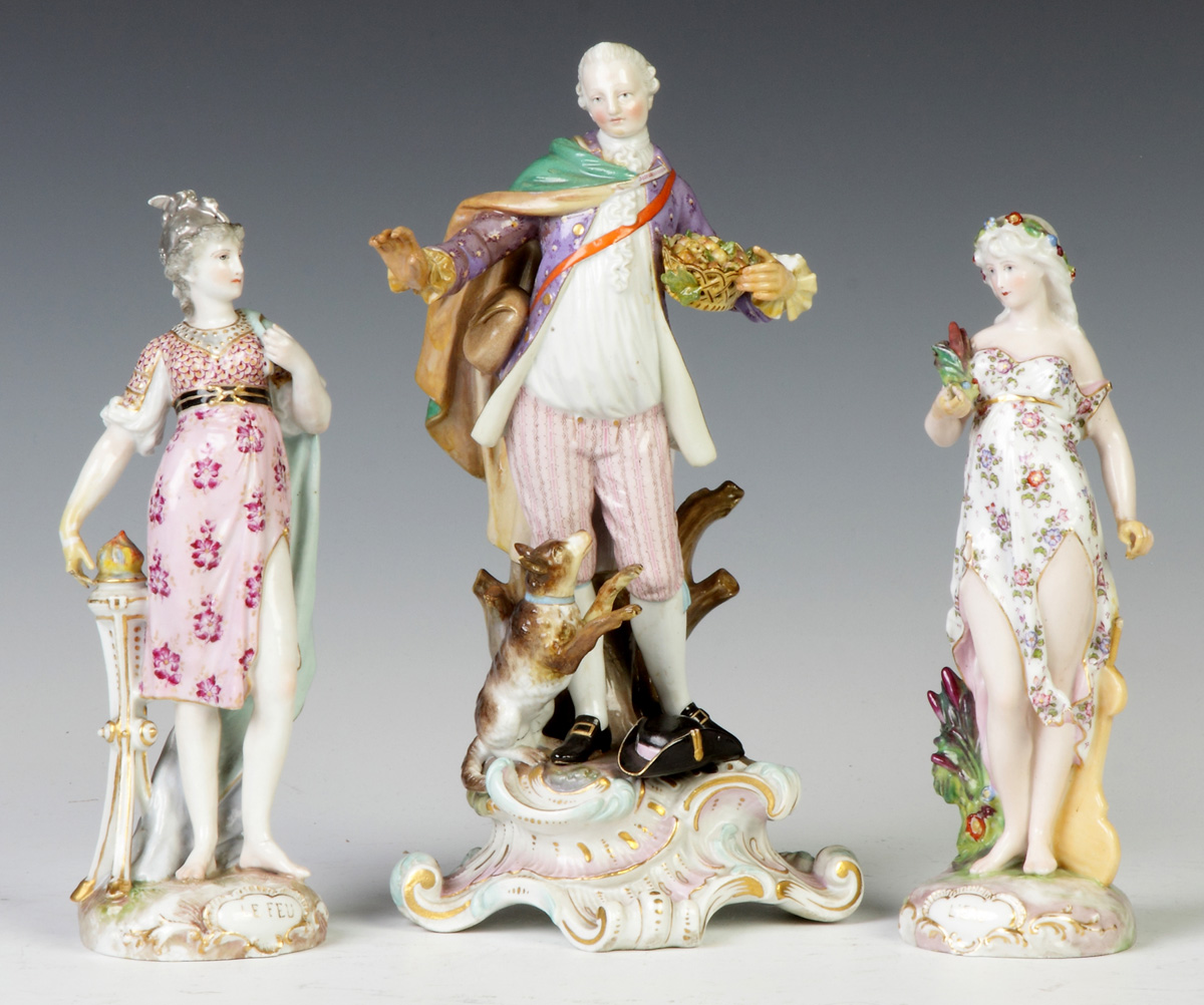 Appraisal: Two German Hand Painted Porcelain Figures together w Meissen Figure