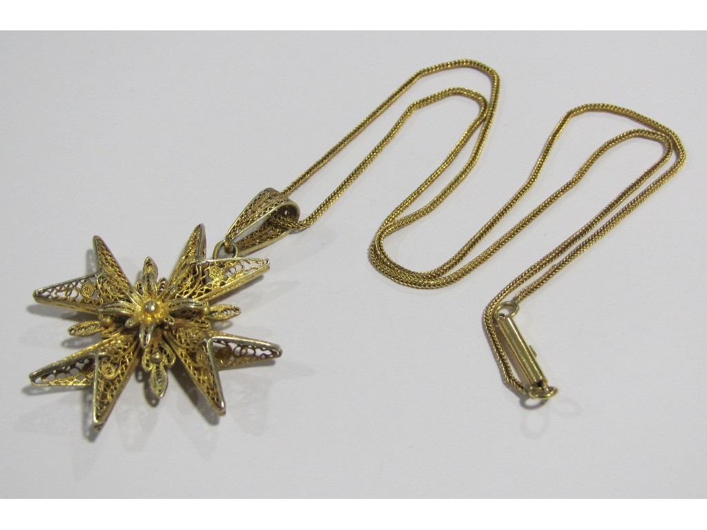 Appraisal: Yellow metal filigree Maltese cross pendant on ct gold neckchain