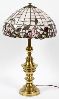 Appraisal: DOME SHAPE LEADED AND STAINED GLASS LAMP BRASS BASE DOME