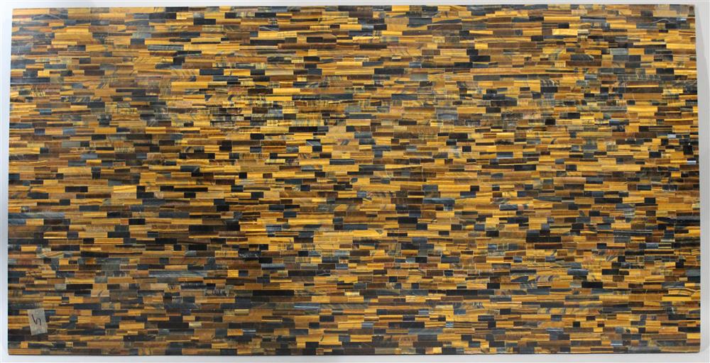 Appraisal: BLUE-GOLD TIGER EYE GEMSTONE SURFACED PANEL rectangular panel surfaced with