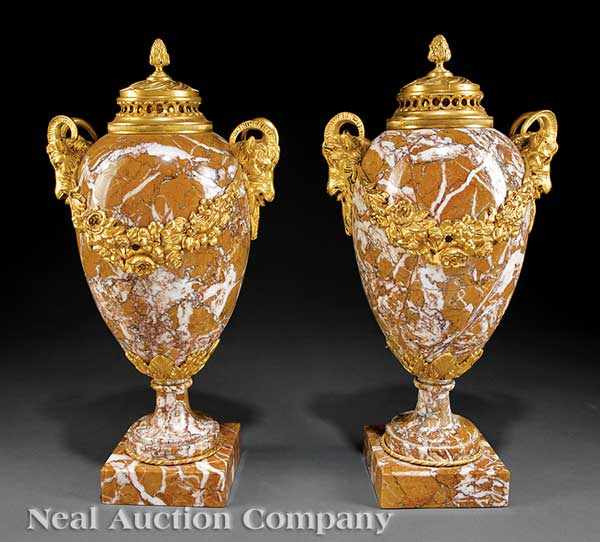 Appraisal: A Pair of Empire-Style Yellow Breccia Marble Bronze-Mounted Cassolettes fruit