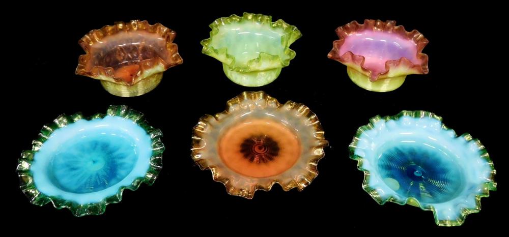 Appraisal: Six art glass ruffled rim bowls with threading th C