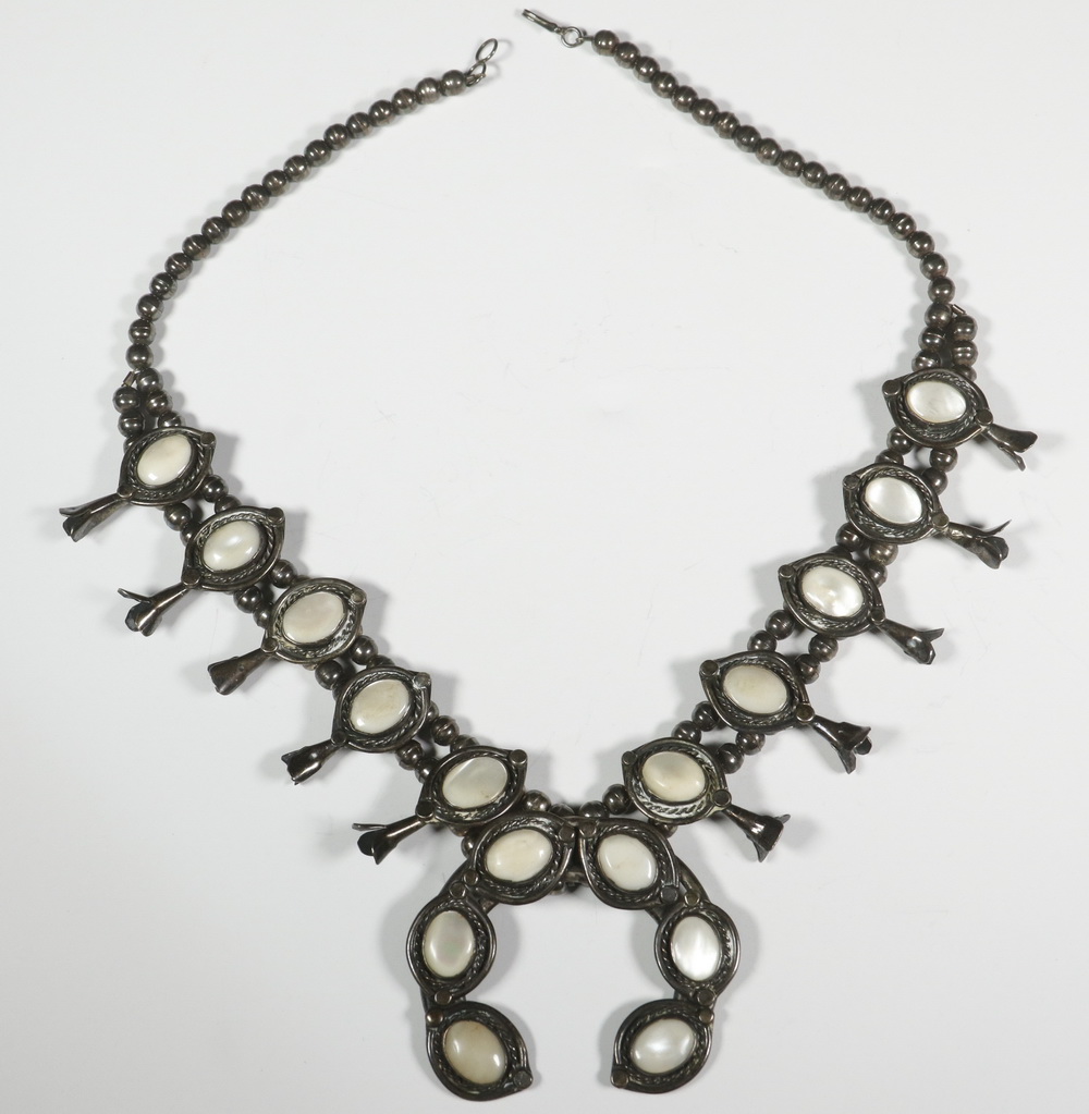 Appraisal: SILVER MOTHER-OF-PEARL SQUASH BLOSSOM NECKLACE Vintage Native American Crafted Squash