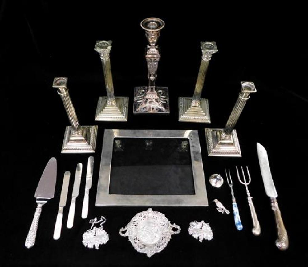 Appraisal: SILVER silverplate flatware and accessories including five weighted candleholders tallest