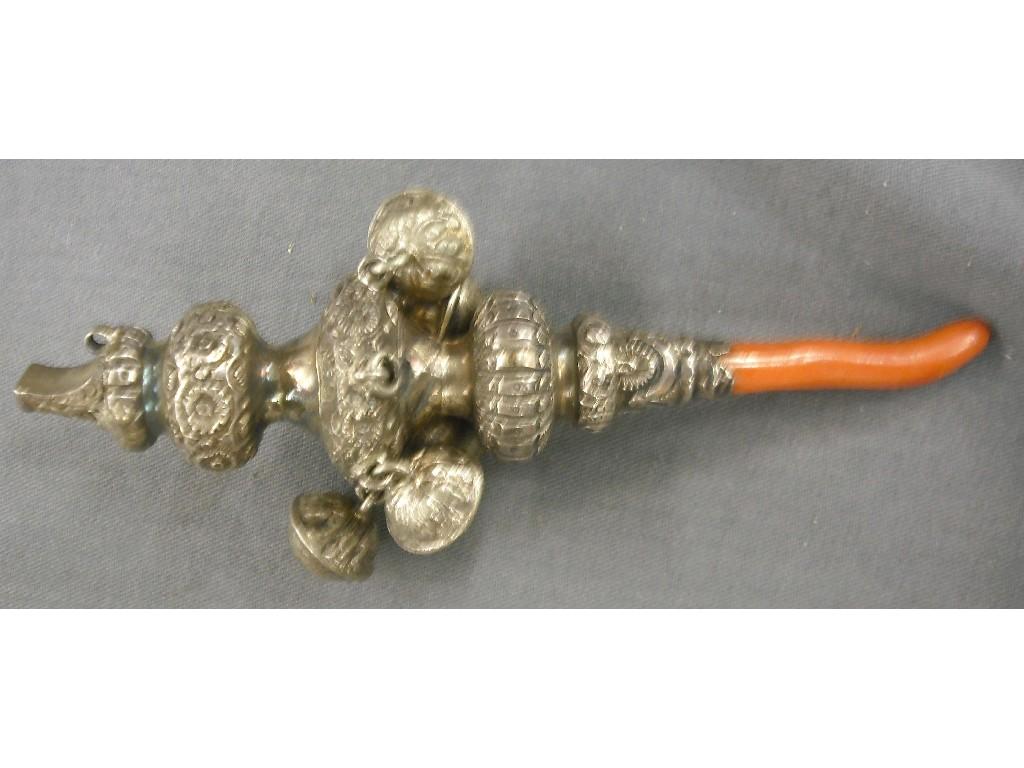 Appraisal: Edwardian embossed silver child's rattle with whistle and coral teether