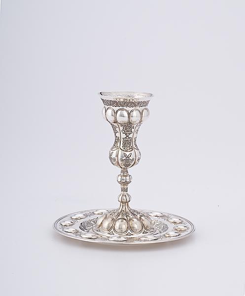 Appraisal: JUDAICA ELIJAH STERLING GOBLET WITH UNDER TRAY th century Elijah