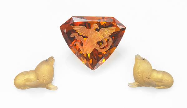 Appraisal: Carved Citrine Intaglio Ganymead By August Mayer Idar-Oberstein Germany Faceted