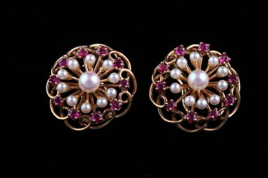 Appraisal: PAIR K YELLOW GOLD DIAMOND AND RUBY SUNBURST DESIGN OPENWORK