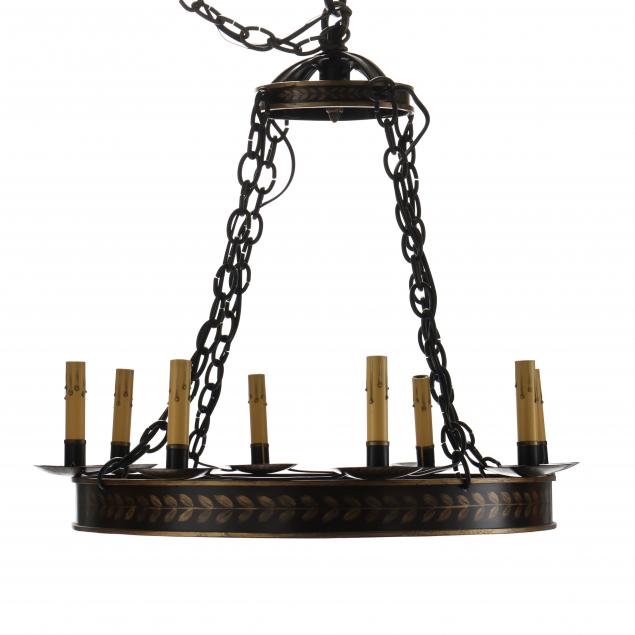 Appraisal: MCLEAN LIGHTING BLACK AND GILT TOLEWARE EIGHT LIGHT CHANDELIER North