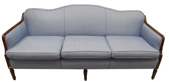 Appraisal: th C Sheraton style sofa camelback blue upholstery reeded and