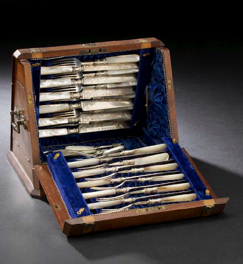 Appraisal: Unusual Victorian Cased Sixteen-Piece Silverplate and Mother-of-Pearl Fruit Set dated