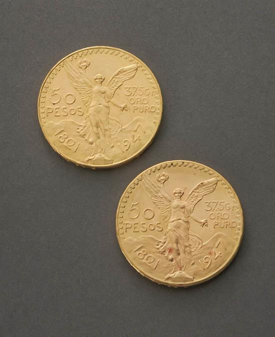 Appraisal: Two Mexican Fifty-Peso Gold Coins