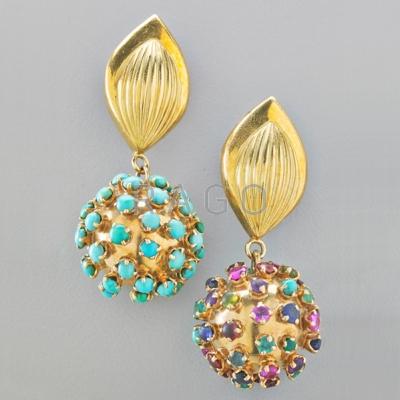 Appraisal: RUVEN PERELMAN JEWELED K GOLD EARRINGS Leaf-shaped surmounts suspend jeweled