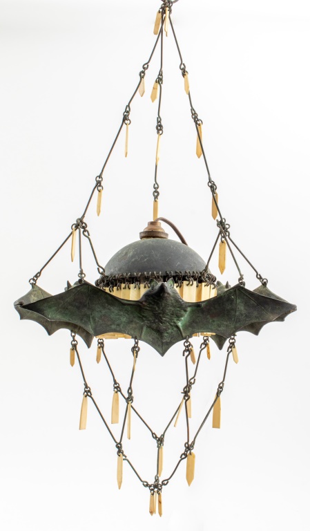 Appraisal: ART NOUVEAU BRONZE BONE BAT MOTIF PENDANT LAMP Art Nouveau