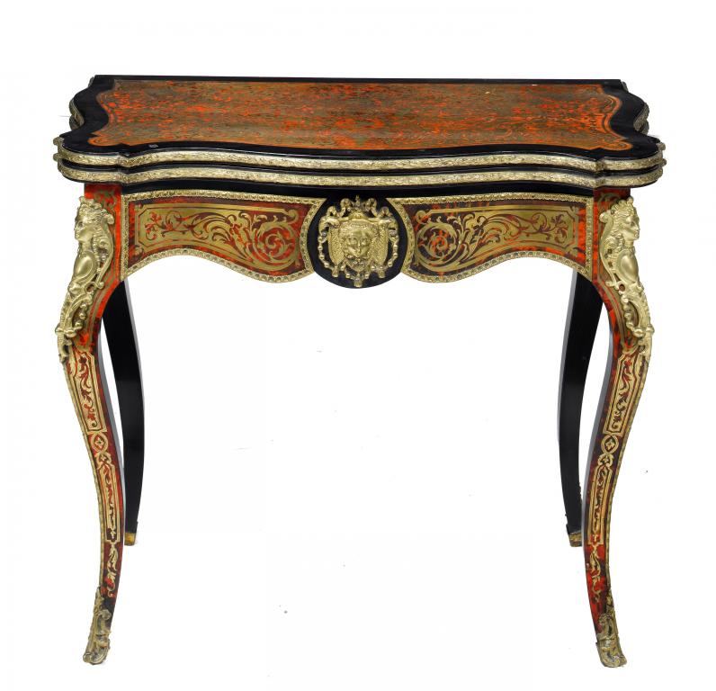 Appraisal: A FRENCH BOULLE MARQUETRY SERPENTINE CARD TABLE inlaid with engraved