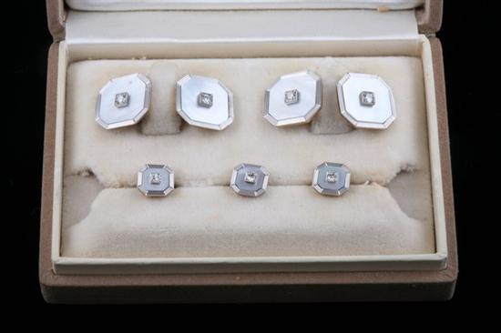 Appraisal: GENTLEMAN'S PLATINUM-ON-YELLOW GOLD DIAMOND AND MOTHER-OF-PEARL CUFFLINK AND STUD SET