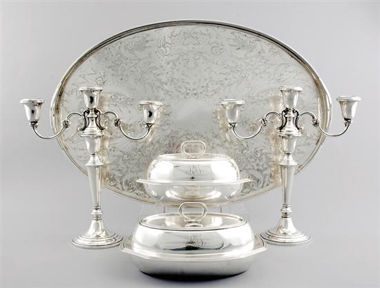 Appraisal: Silver and plated tray dishes and candelabra ornate oval footed