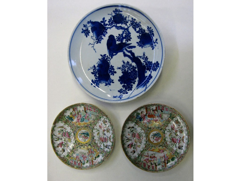 Appraisal: Oriental blue and white plate and two famille vert plates