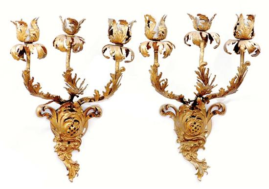 Appraisal: Pair Continental gilt-metal three-light sconces circa scrolling leaf and rocaille