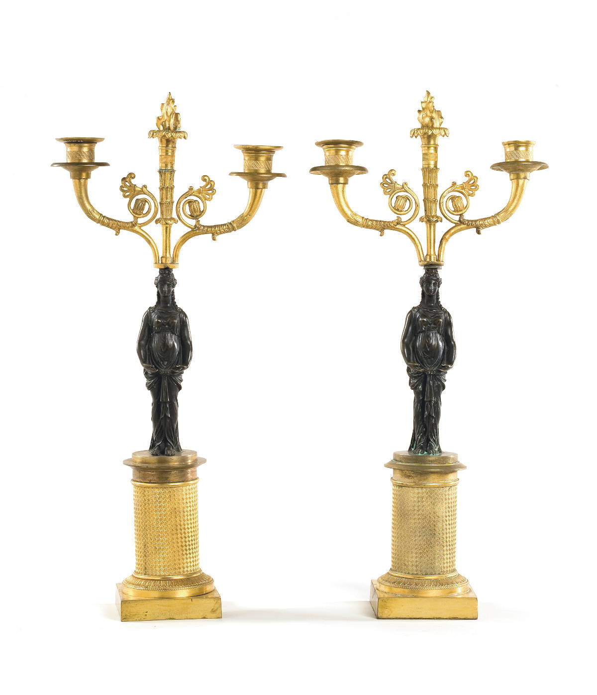 Appraisal: PAIR OF EMPIRE STYLE PATINATED AND GILT-BRONZE TWO-LIGHT FIGURAL CANDELABRA