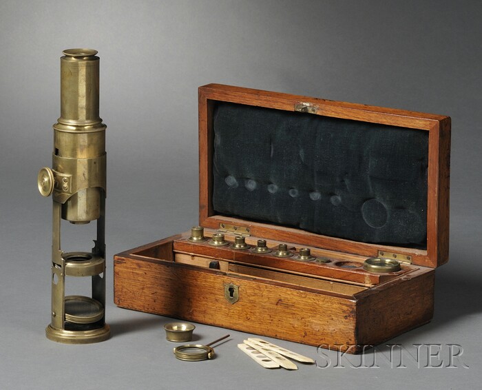 Appraisal: Martin Drum-type Boxed Microscope England th century with single draw-tube