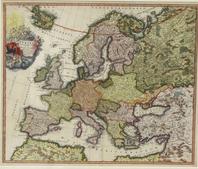 Appraisal: Framed hand-painted map of Europe engraved and illustrated after Johann