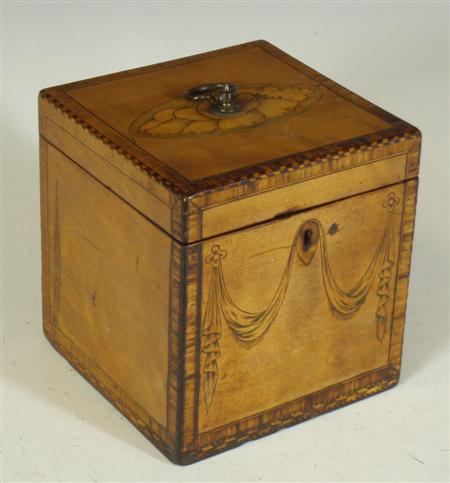 Appraisal: A George III satinwood inlaid and crossbanded tea caddy of