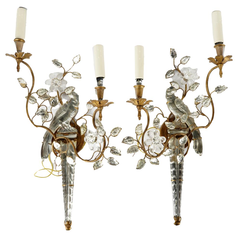 Appraisal: PAIR OF MAISON BAGUES-STYLE GLASS WALL SCONCESeach with two lights