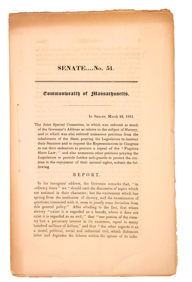 Appraisal: SLAVERY AND ABOLITION--MASSACHUSETTS Senate No Commonwealth of Massachusetts cover title