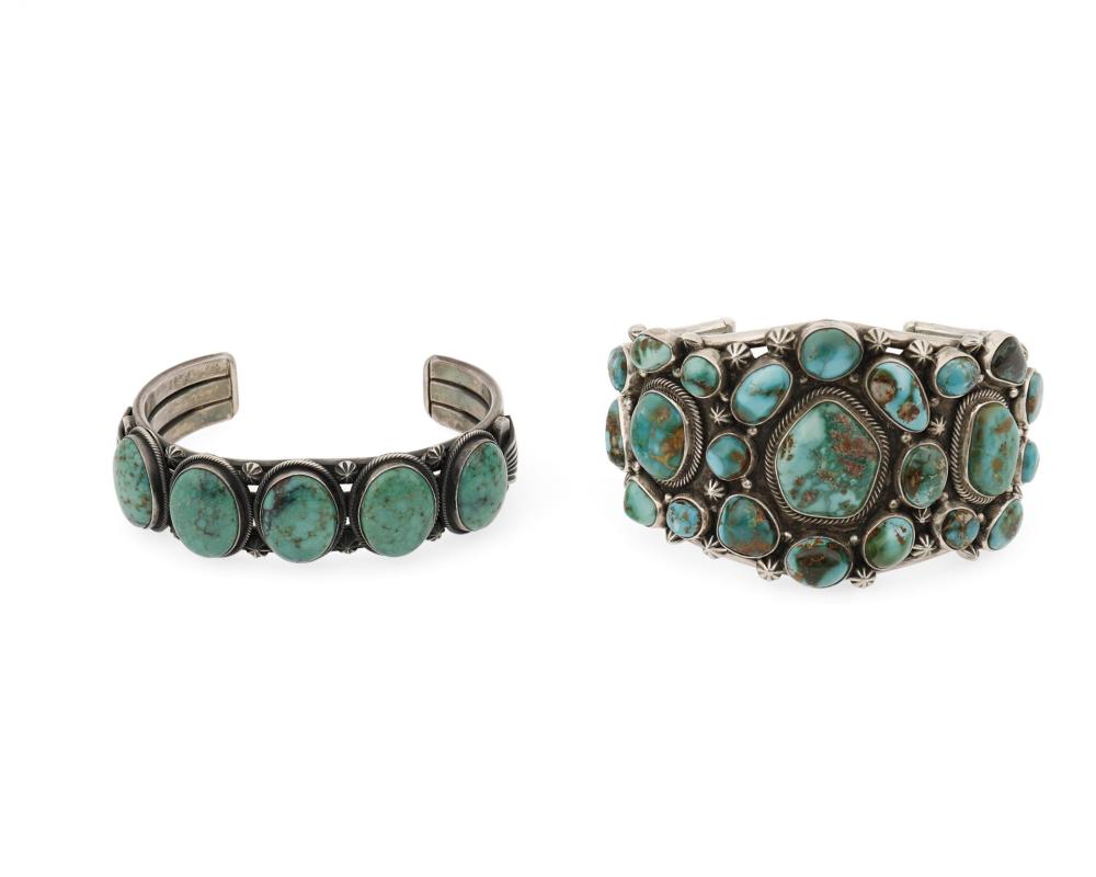 Appraisal: Two Navajo silver and turquoise cuff bracelets Second-Half th Century