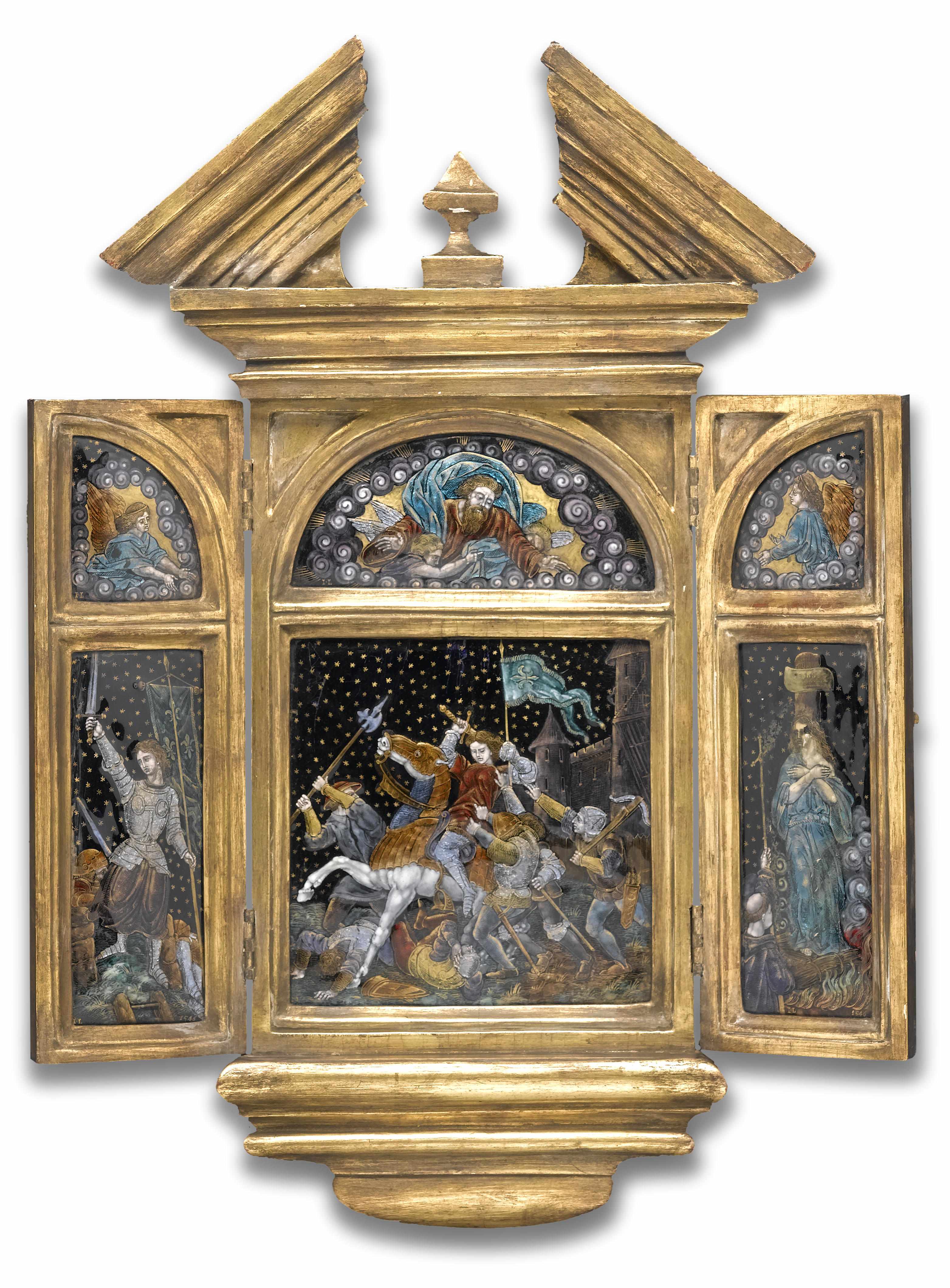 Appraisal: A Limoges enamel altarpiece depicting scenes from the life of