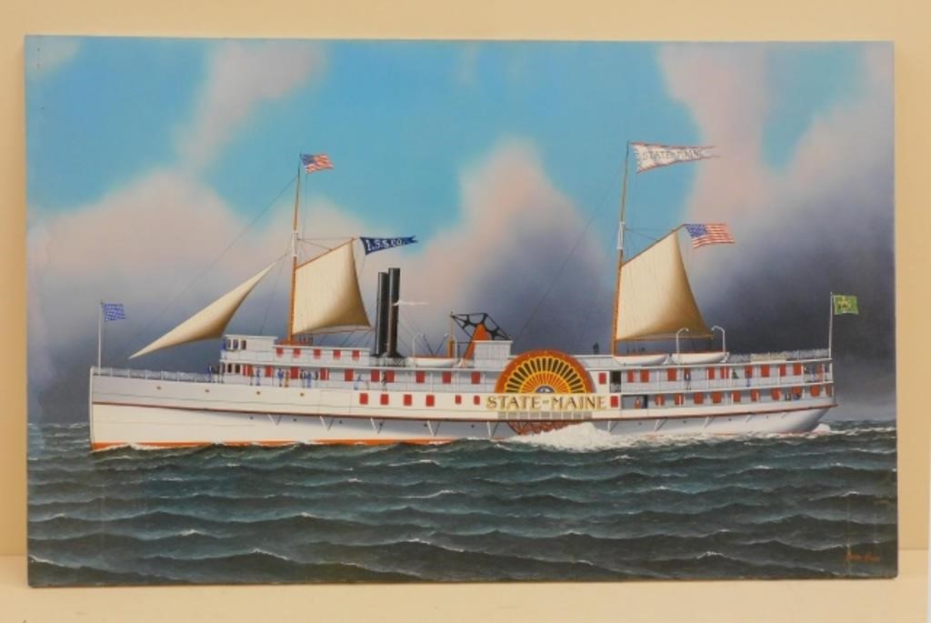 Appraisal: on canvas depicting the paddle wheel steamboat State of Maine