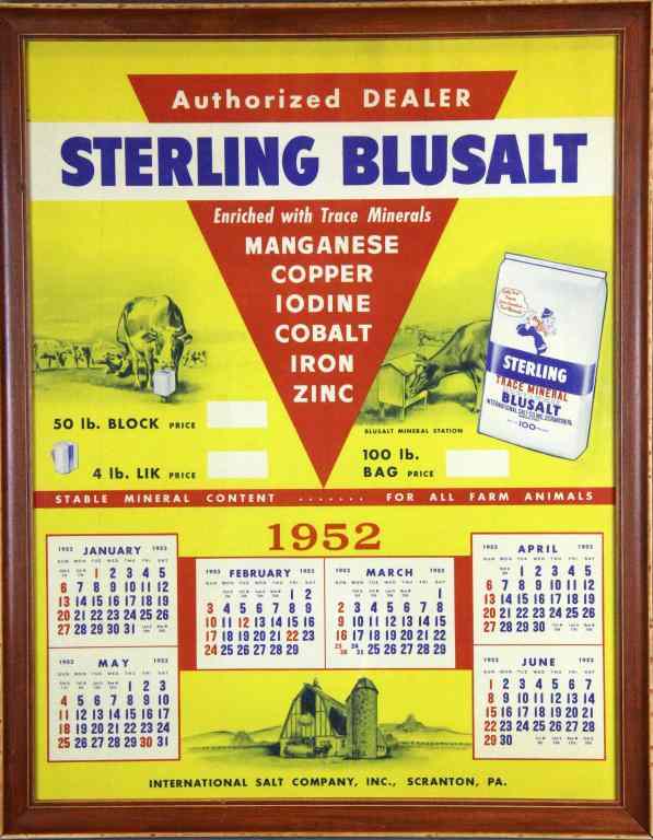 Appraisal: Antique Framed Ad for Sterling Blusalt for CowsCalendar and advertisement