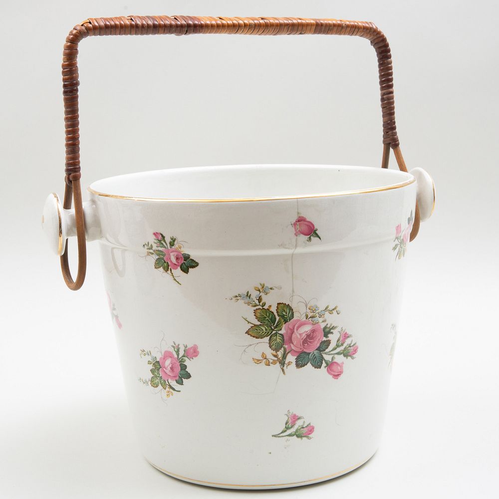 Appraisal: Porcelain Bucket with Wicker Handle Black number ' ' mark